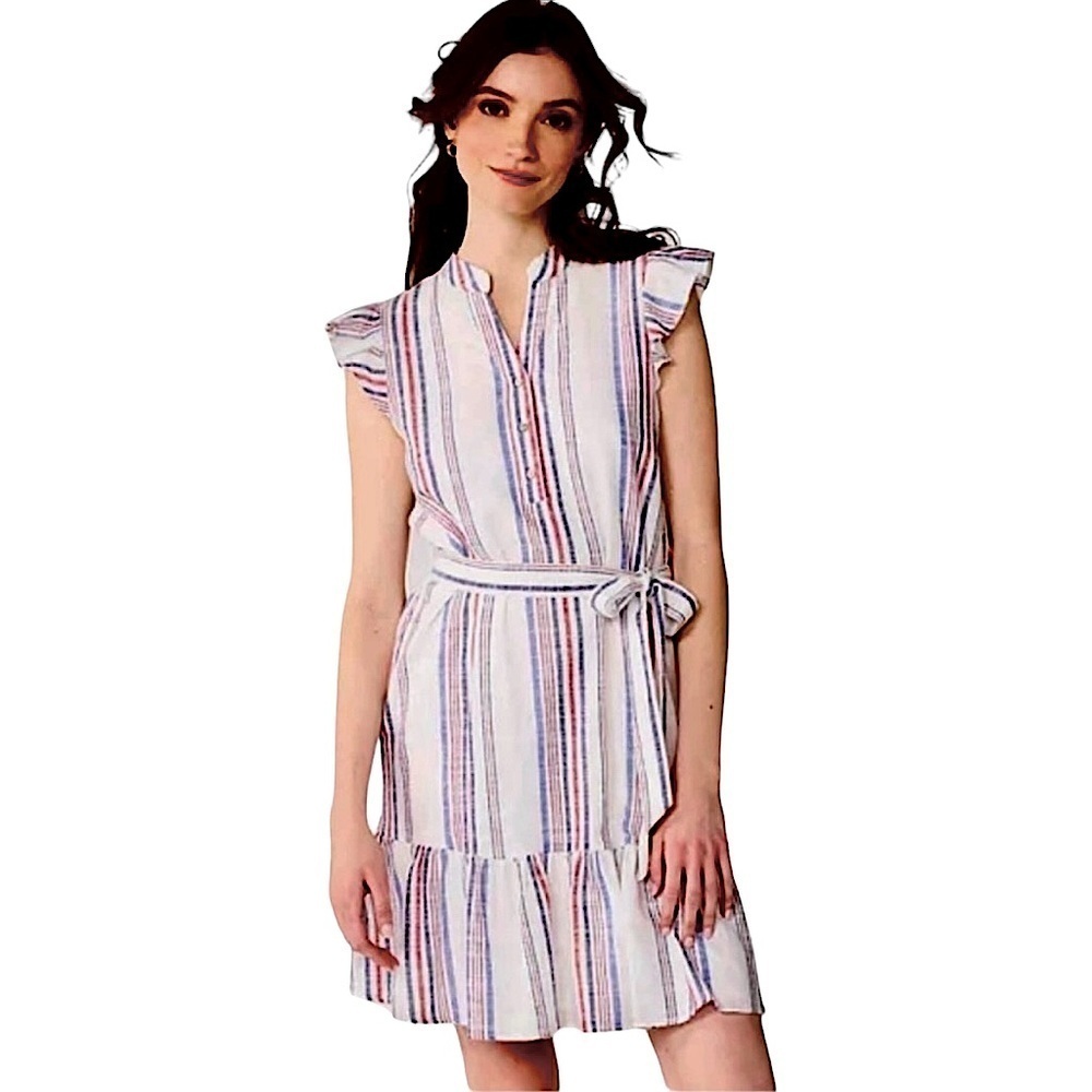 Draper James RSVP Stripe Sleeveless Button Front Dress Ruffle Metallic Stripe XL